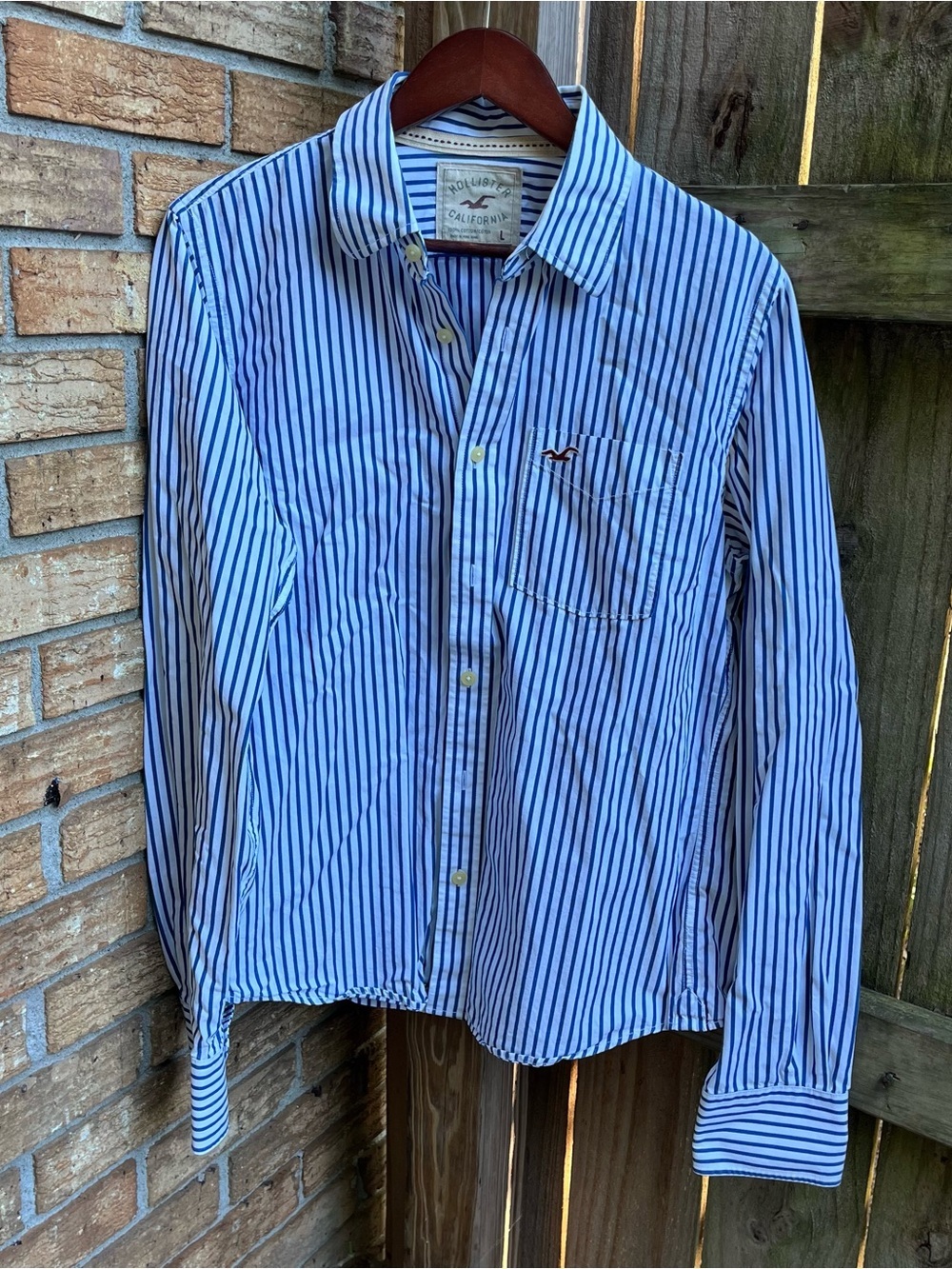 Y2K Hollister Men’s Navy & White Vertical Stripe Button-Down Shirt